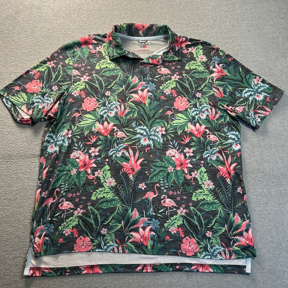 Chaps Golf Polo Shirt Mens XL Tropical Floral Flamingo Print Performance Resort